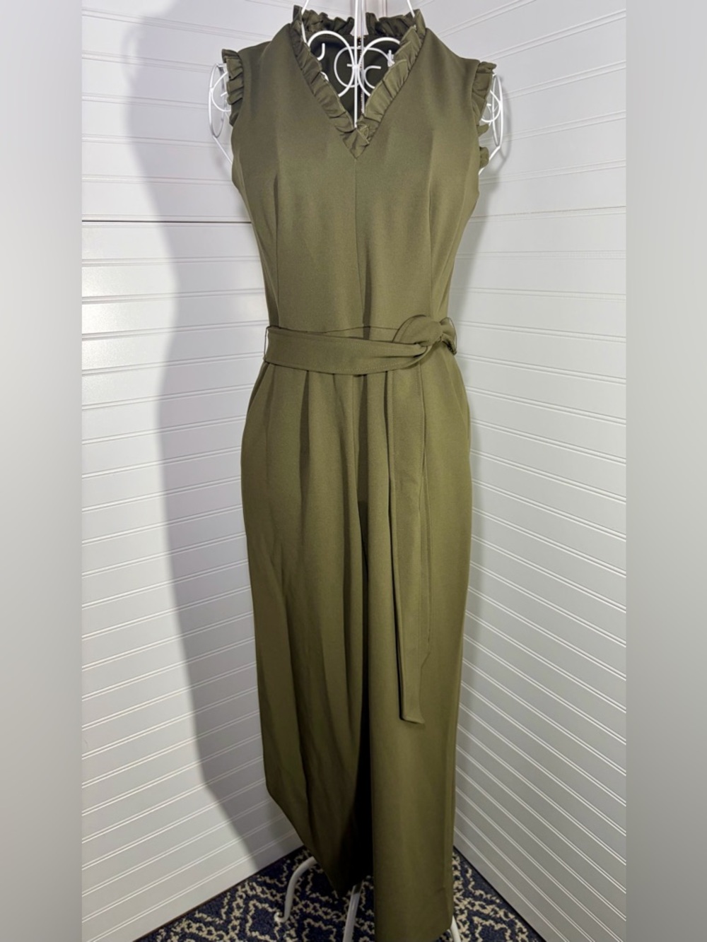 Calvin Klein Olive Sleeveless Ruffle-Trim Jumpsuit with Waist Tie